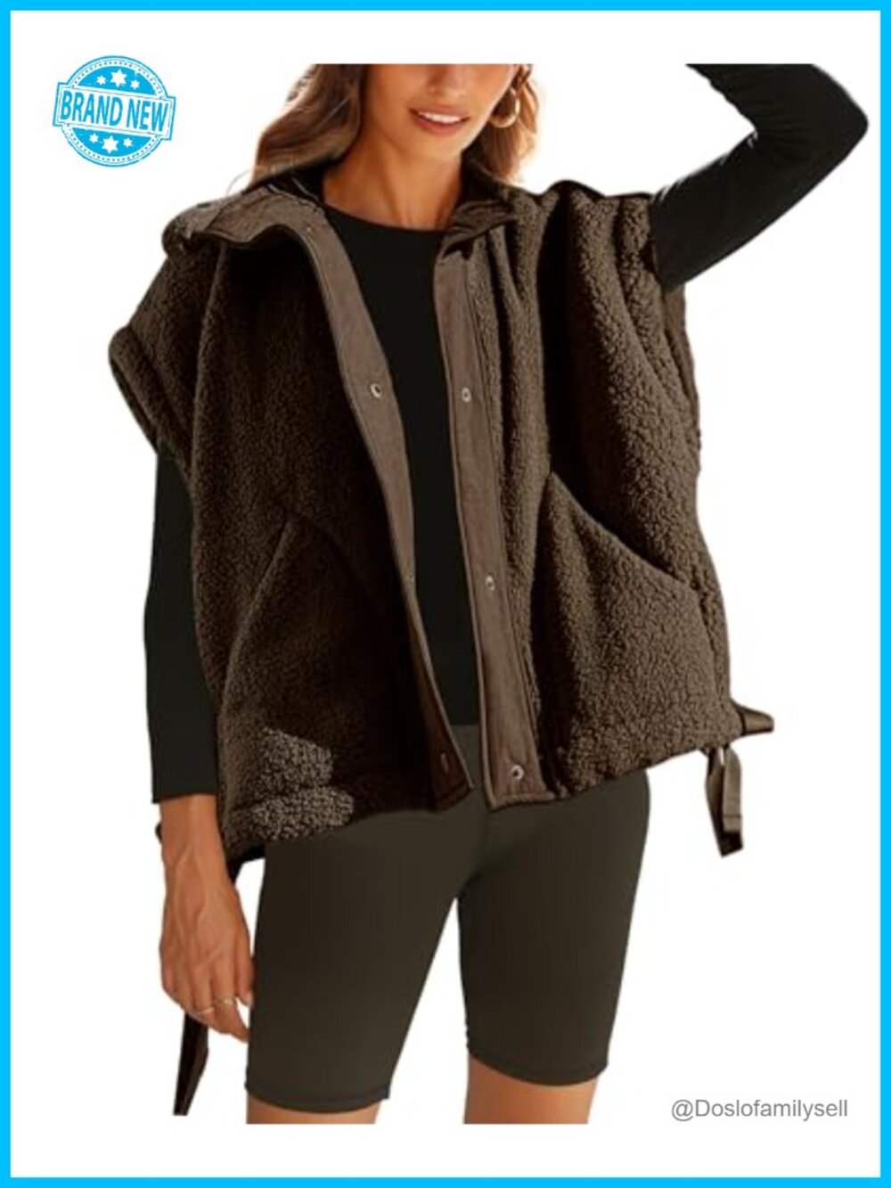 Oversized Fuzzy Fleece Vest Sleeveless Sherpa Button Drawstring Hem